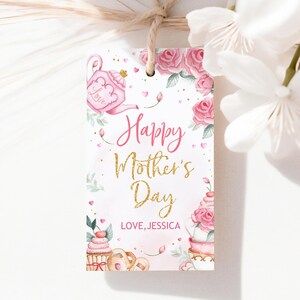 Cadeaukaartje Moederdag Theekransje Happy Mothers Day Bedankkaartjes Theepot High Tea Bag Cadeaus voor moeder Roze gouden bloemen Afdrukbare Mad Hatter MO01P