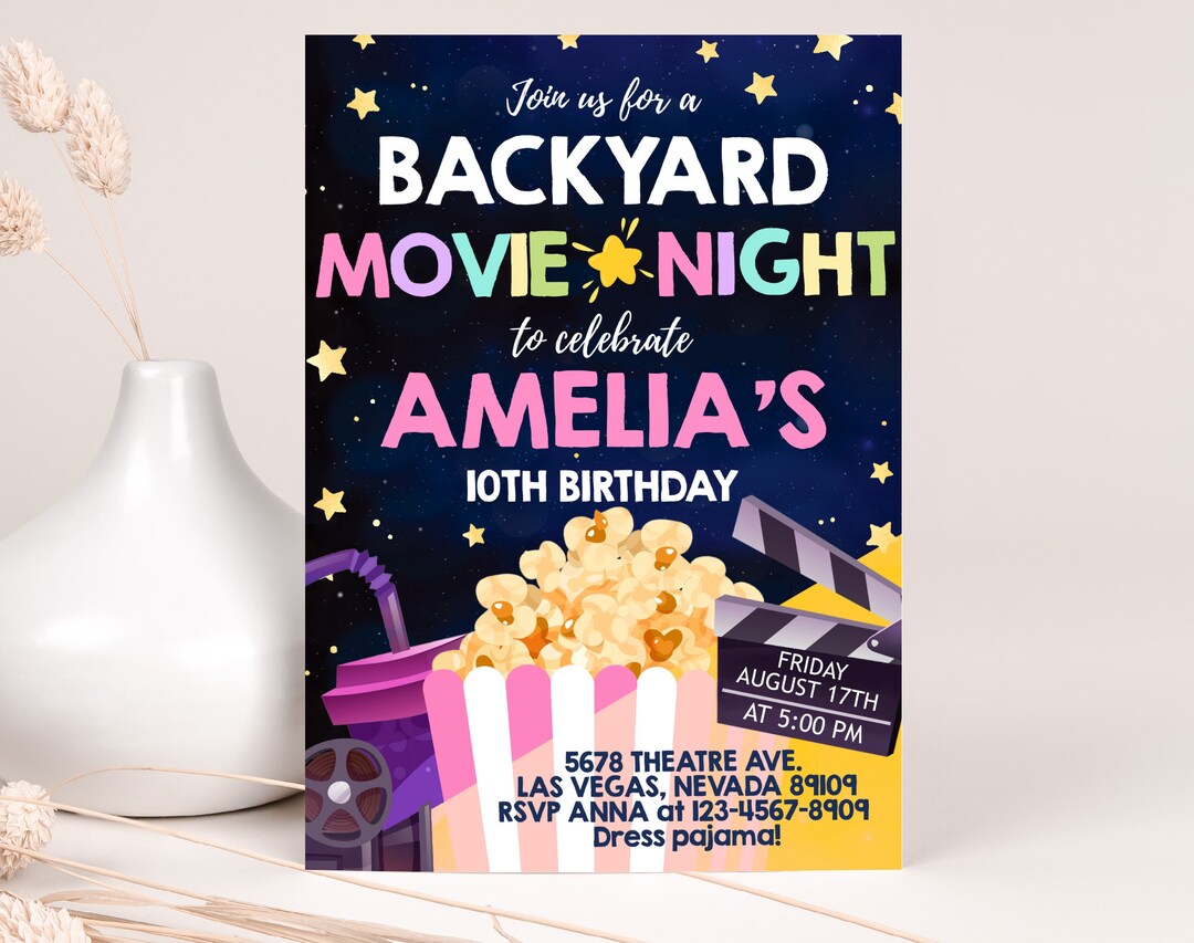 Backyard Movie Night Birthday Invitation Under the Stars Invite Girls ...