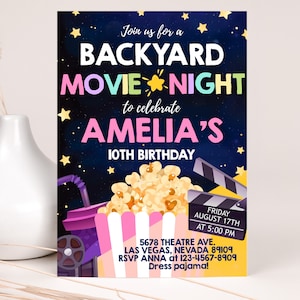 Backyard Movie Night Birthday Invitation Under The Stars Invite Girls Outdoor Slumber Party Cinema Sleepover Party Popcorn EDITABLE BT05P