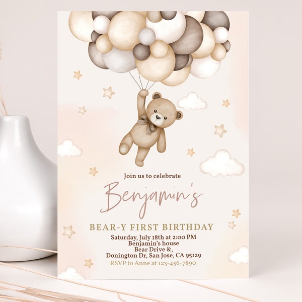 Teddy Bear Invitation Girl 1st Birthday Boy Invite Beary First Fall Boho Brown Pampas Grass Beige Balloon EDITABLE Printable Template BT81E