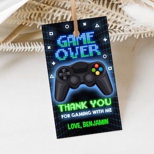 EDITABLE Video Game Birthday Gift Tags Arcade Gaming Truck Favor Tag Boy Gamer Party Printable Template Neon Glow Laser Thank You Label BT71