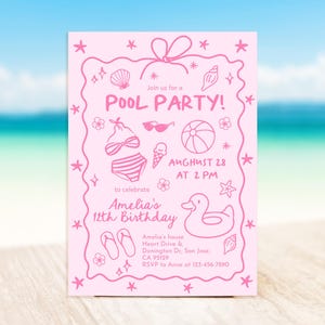 Pink Pool Party Invitation, Girls Summer Birthday Invite, Doodle Beach Design, Teen Girl Any Age, Coquette Hand Drawn Bow EDITABLE CT15P image 1