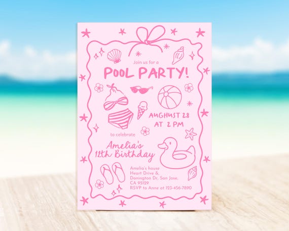 Pink Pool Party Invitation, Girls Summer Birthday Invite, Doodle Beach Design, Teen Girl Any Age, Coquette Hand Drawn Bow EDITABLE CT15P