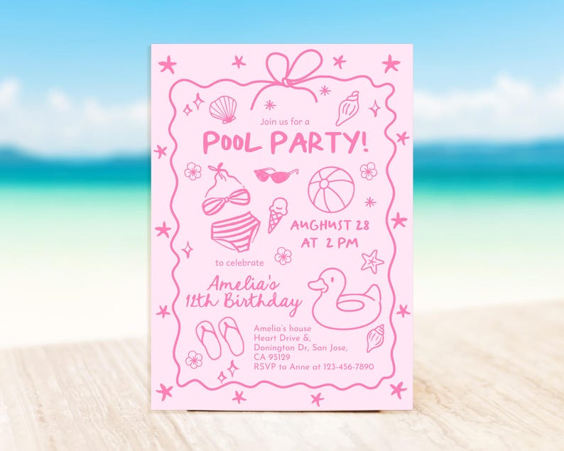 Pink Pool Party Invitation, Girls Summer Birthday Invite, Doodle Beach Design, Teen Girl Any Age, Coquette Hand Drawn Bow EDITABLE CT15P image 1