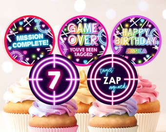 Laser Tag Cupcake Toppers Girl Gamer Birthday Party Decor Kids Lazer Tag Party Dessert Labels Neon Glow Rainbow Arcade Game Printable BT63P