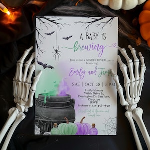 Halloween Gender Reveal Invitation A Baby is Brewing Witch Shower Invite Green Purple Cauldron Smoke Spooky Gothic Fall Party EDITABLE BS66X