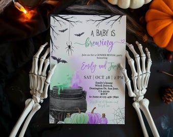 Halloween Gender Reveal Invitation A Baby is Brewing Witch Shower Invite Green Purple Cauldron Smoke Spooky Gothic Fall Party EDITABLE BS66X