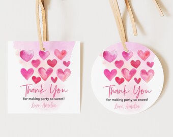 Valentines Day Birthday Favor Tags Valentine Day Girl Baby Shower Gift Tags Pink Red Hearts Party Thank You Tags Printable BS64P AT25P
