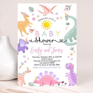 Pastel Dinosaur Baby Shower Invitation It&#39;s a Girl Pink Cute Dino Gender Neutral Party Invite Jungle Animals Wild Stomp Chomp EDITABLE BS53