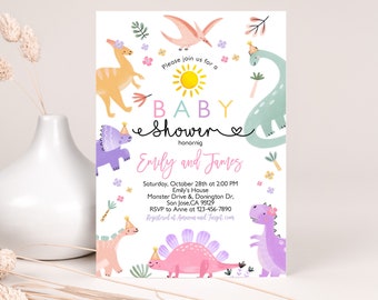 May include: A baby shower invitation featuring a dinosaur theme. The invitation has a colourful illustration of dinosaurs, a sun and flowers. The text on the invitation reads "Please join us for a Baby Shower honouring Emily and James".