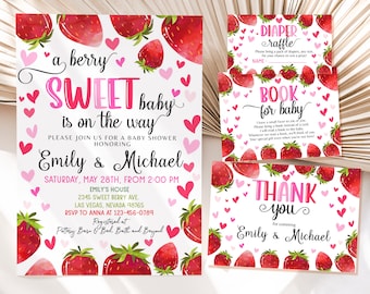 Strawberry Baby Shower Bundle Berry Sweet Girl Gender Neutral Party Invitation Suite Summer Fruit Pink Red Citrus Invite Set EDITABLE BS16P