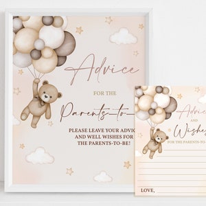 Cartello con consiglio per orsacchiotto, bambina, giochi per baby shower, genitori, futura mamma, boho, beige, erba della pampa, palloncini per feste di genere neutro, MODIFICABILI BS21E