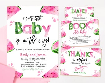 Watermelon Baby Shower Invitation Bundle A Sweet Little Baby is on the Way Girl Party Invite Set Pink Green Summer Fruit EDITABLE BS79P