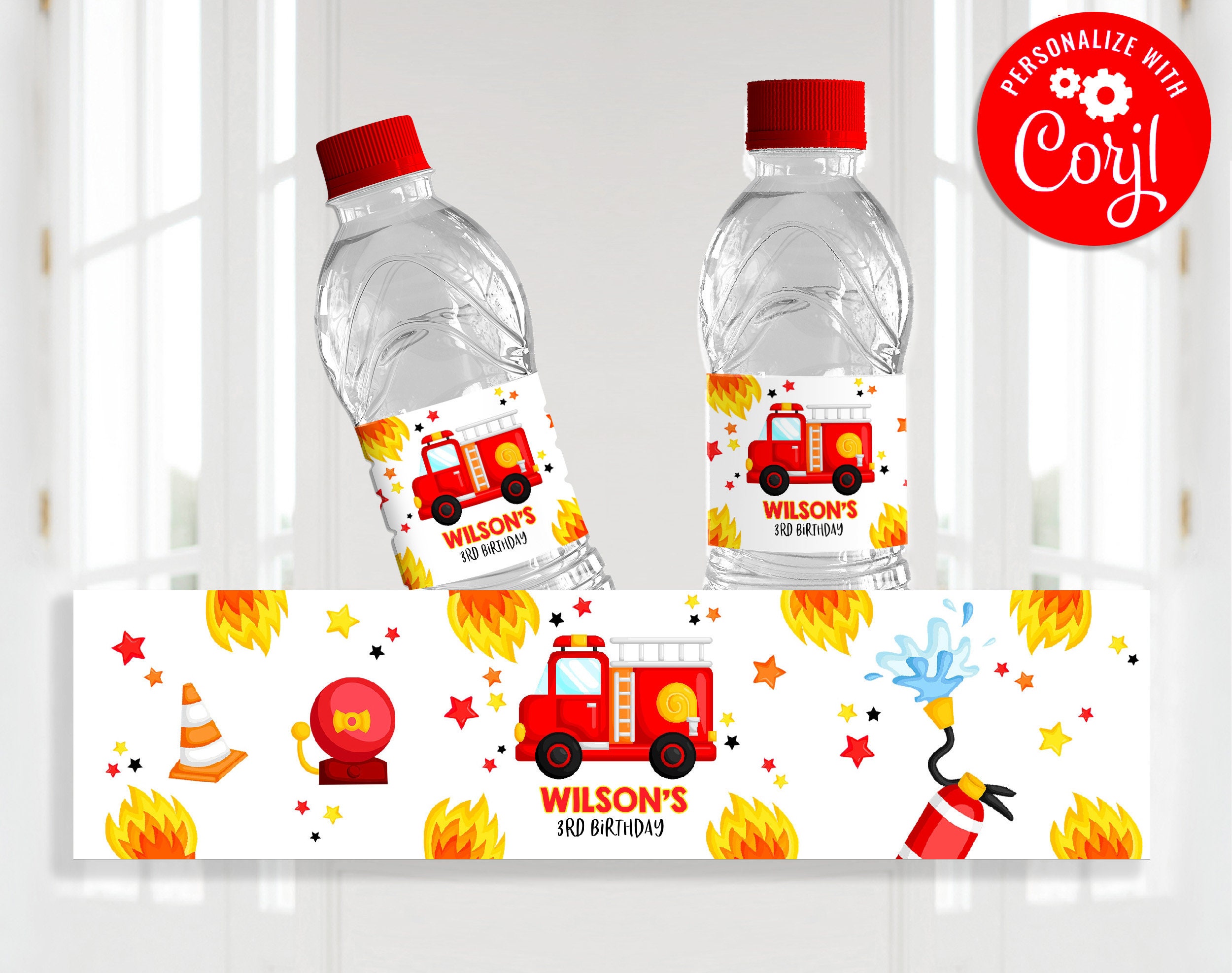Firetruck Water Bottle Label Boy 1st First Birthday Party Decor Fireman ...
