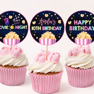 Adornos para cupcakes de cumpleaños para la noche de cine en el patio trasero, decoración para fiestas de pijamas de niñas, etiquetas para postres y palomitas de maíz para fiestas de pijamas bajo las estrellas, imprimibles BT05P