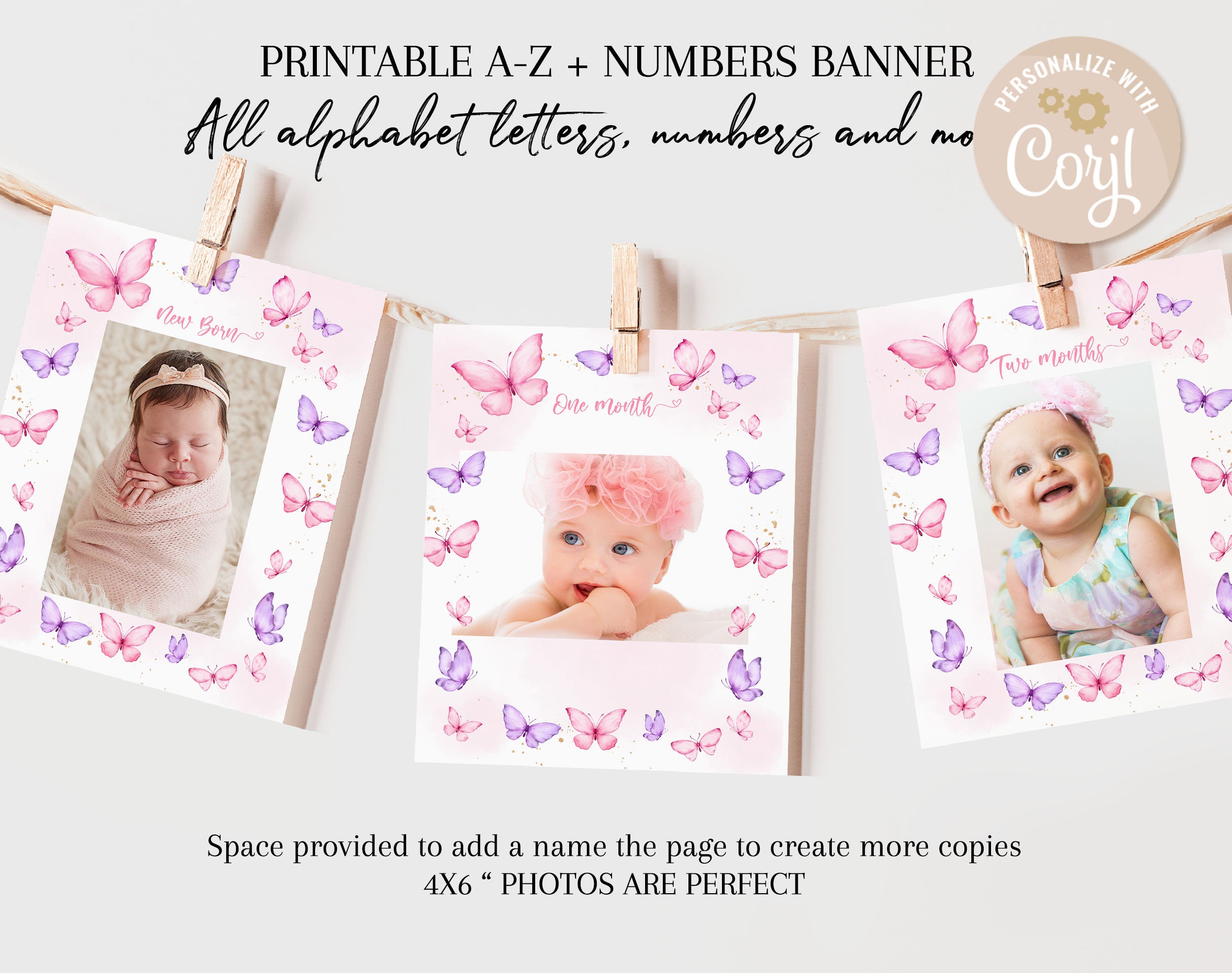 Rosa-lila Schmetterling 1. Geburtstag Fotobanner – 13 Karten (16x21,6 Cm) Mit Bändern & Klebepunkten – Meilenstein-Deko Für Mädchen