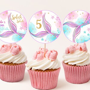 Adornos para cupcakes de sirena para niña, decoración para fiesta de primer cumpleaños, bajo el mar, princesa mágica, morado, verde azulado, cola dorada, etiquetas de postre imprimibles BT48V