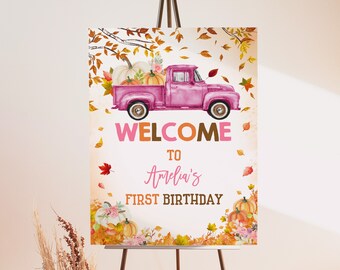 Little Pumpkin Truck Welcome Sign Girl First 1st Birthday Poster Fall Autumn Party Yard Sign Door Pink Pumpkin Patch EDITABLE Template AT09P