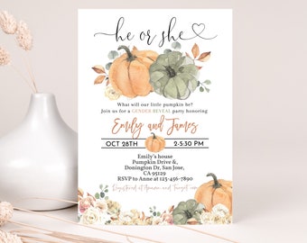 May include: A gender reveal party invitation with a watercolor illustration of pumpkins and fall foliage. The invitation reads "he or she" and includes the text "What will our little pumpkin be?"  Join us for a GENDER REVEAL party honoring Emily and James.  OCT 28TH 2-5:30 PM. Emily's house Pumpkin Drive & Donington Dr, San Jose, CA 95129. RSVP to Anne at 123-456-7890. Registered at Amazon and Target.com