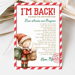 Könnte beinhalten: Eine Weihnachtskarte mit rot-weiß gestreiftem Rand. Die Karte zeigt den Text "I'M BACK!" und einen Brief eines Elfen an Amelia und Benjamin. Eine Illustration eines Elfen mit Weihnachtsmütze ist ebenfalls enthalten.
