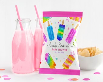 May include: A pink and white baby shower favor bag with a watercolor design of colorful popsicles. The bag has the text "Emily Brown's Baby Shower 28.08.2058" printed on it.
