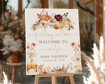 Cartel de bienvenida para baby shower "Enamorarse", calabaza otoñal, decoración floral de género neutro, póster rústico bohemio con flores, porche otoñal, editable BS99O