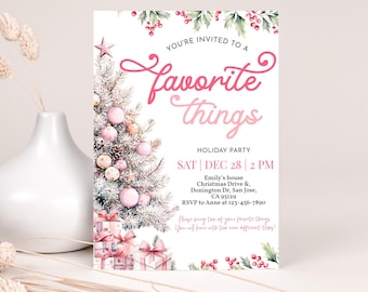 May include: A holiday party invitation with a watercolor Christmas tree, pink ornaments, and gift boxes. The invitation text reads "You're invited to a Favorite Things Holiday Party" with date, time, and location details.