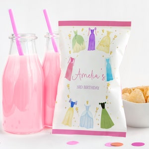 Princess Birthday Chip Bag Labels Once Upon a Time Princess Dresses Snack Treats Bag Royal Girl Pink Dress Up Party Decor EDITABLE AT14