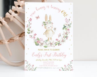 Hasen-Geburtstags-Einladung, ein Hase dreht sich ein, Frühlingsmädchen, erster Tag, errötende rosa Blumen, Blumenkaninchen-Party EDITIERBARE BT60P