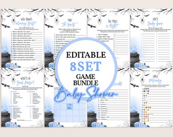 May include: Editable 8-piece game bundle for a baby shower with a Halloween theme. The games include "Who Knows Mommy Best?", "Find the Guest", "What's in Your Purse?", "The Price is Right", "ABC's Baby Game", and "Emoji Pictionary". The games feature a blue and white color scheme with a cauldron and spider web design.