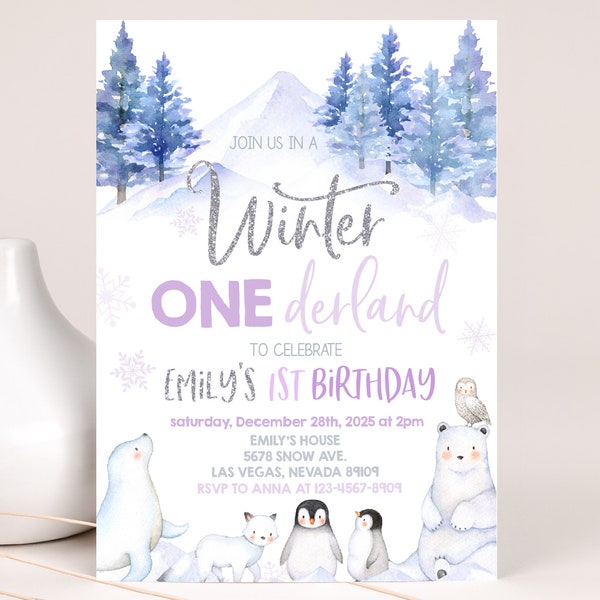 Winter Onederland Invitation Wonderland Boy Girl First 1st Birthday Party Invite Polar Bear Arctic Animals Woodland Forest EDITABLE BT46HV