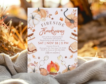 Könnte beinhalten: Eine weiße Einladungskarte mit Aquarellillustrationen von Kürbissen, S'mores und einem Lagerfeuer. Der Text lautet "Fireside Friendsgiving" mit Veranstaltungsdetails. Das Design hat ein Herbstthema.