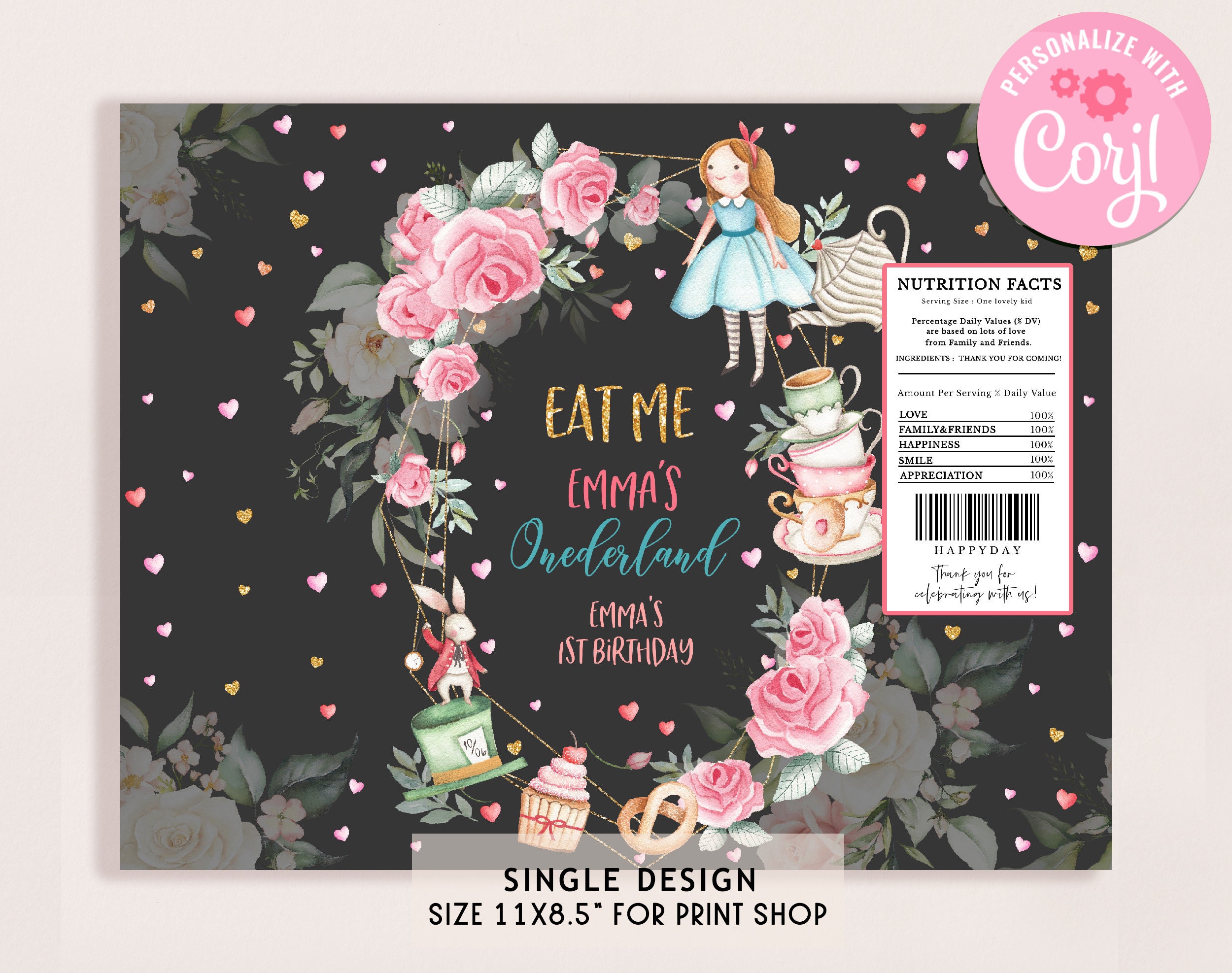 Alice in Wonderland Chip Bag Labels Alice in Onederland Girl First ...