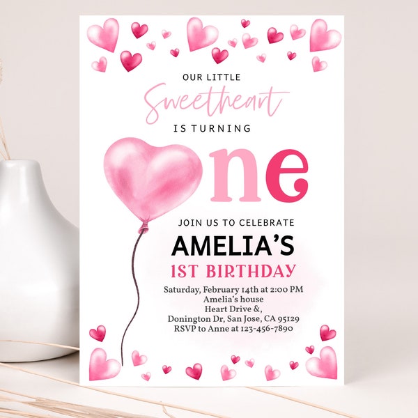 Valentines Day Birthday Invitation Little Sweetheart Birthday Party Invite Girl First Valentine Day Pink Red Hearts Balloon EDITABLE BT92P