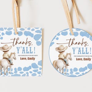 Etichette regalo per baby shower da cowboy Etichette per bomboniere per il primo compleanno da rodeo Etichette per bomboniere blu western rustiche Country Circle Square Wild West stampabili AS40B AT75B