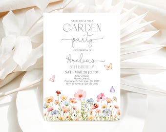 Wildflower Birthday Invitation Garden Party Invite Girl 18th Birthday Pink Purple Wild Flower Floral Spring Flowers Butterfly EDITABLE AT69P