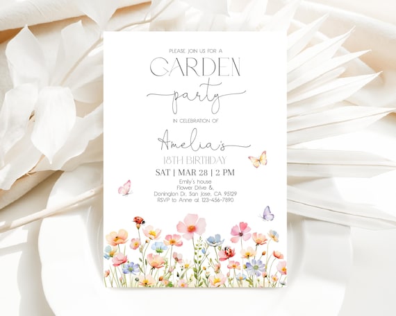 Wildflower Birthday Invitation Garden Party Invite Girl 18th Birthday Pink Purple Wild Flower Floral Spring Flowers Butterfly EDITABLE AT69P