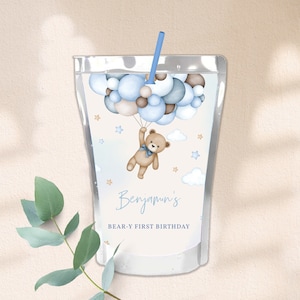 Pochette de jus d'ours en peluche, étiquettes pour boisson, premier garçon, 1er anniversaire, herbe de pampa bleue bohème, étiquette de boisson imprimable BT81B