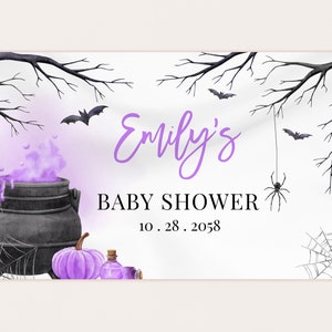 Halloween Baby Shower Backdrop Banner A Baby is Brewing Witch Gender Neutral Party Decor Girl Pink Fall Autumn Photo Booth EDITABLE BS66V