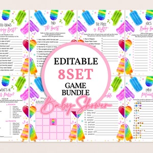 Popsicle Baby Shower Games Set She&#39;s Ready to Pop Girl Baby Shower Bundle Ice Cream Summer Party Printable Emoji Bingo Word Scramble BS58P