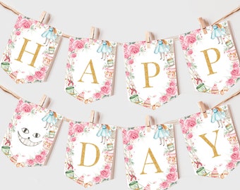 Alice in Wonderland Birthday Banner Alice in Onederland Girl 1st First Birthday Decor Mad Hatter Tea Party Pink Gold Floral EDITABLE BT11P