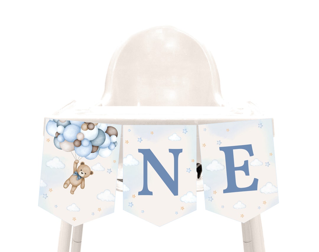 Teddy Bear High Chair Banner Beary First Boy Birthday Party Decor Blue ...