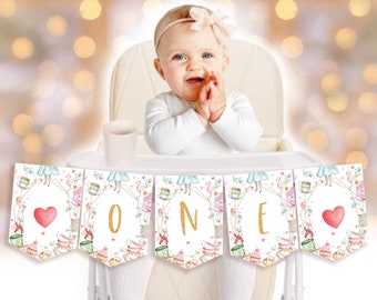 Alice in Wonderland High Chair Banner Alice in Onederland Bunting Flag Girl 1st First Birthday Decor Mad Hatter Tea Party EDITABLE BT11W