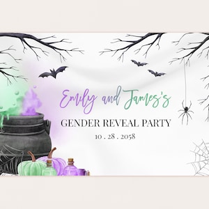 Halloween Gender Reveal Party Backdrop Banner A Baby is Brewing Witch Baby Shower Decor Boy or Girl He or She Photo Booth EDITABLE BS66X