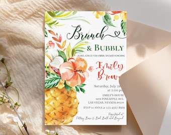 Pineapple Bridal Shower Invitation Party Invites Gold Tropical Aloha Hawaiian Summer Brunch Luau Pink Floral Palm Leaves EDITABLE BRD003
