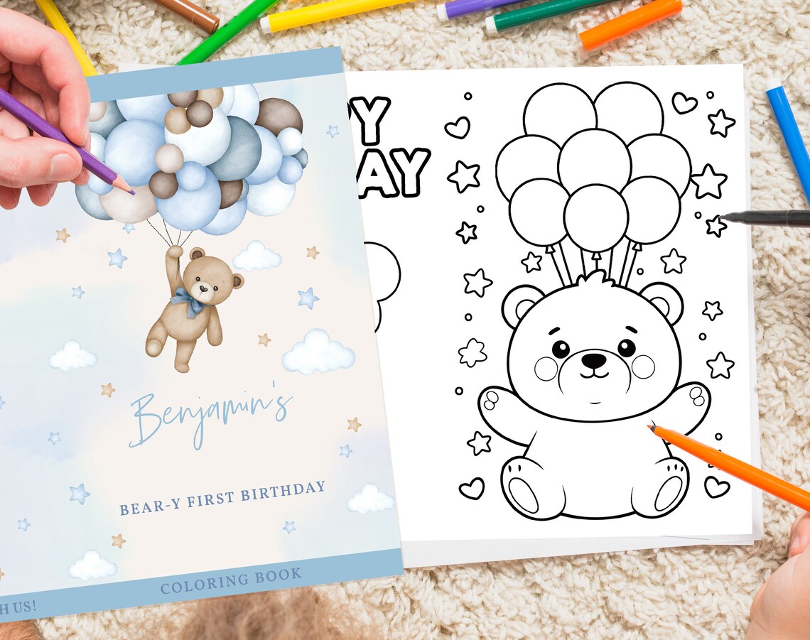 Teddy Bear Coloring Book Beary First Boy 1st Birthday Party Decor Blue ...