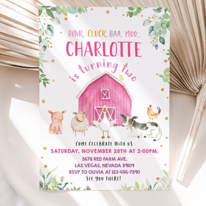 Farm Birthday Invitation Barn Animals Girl Birthday Party Invite Pink Barnyard Animals Greenery Floral Ranch Cow Pig Lamb EDITABLE BT18P
