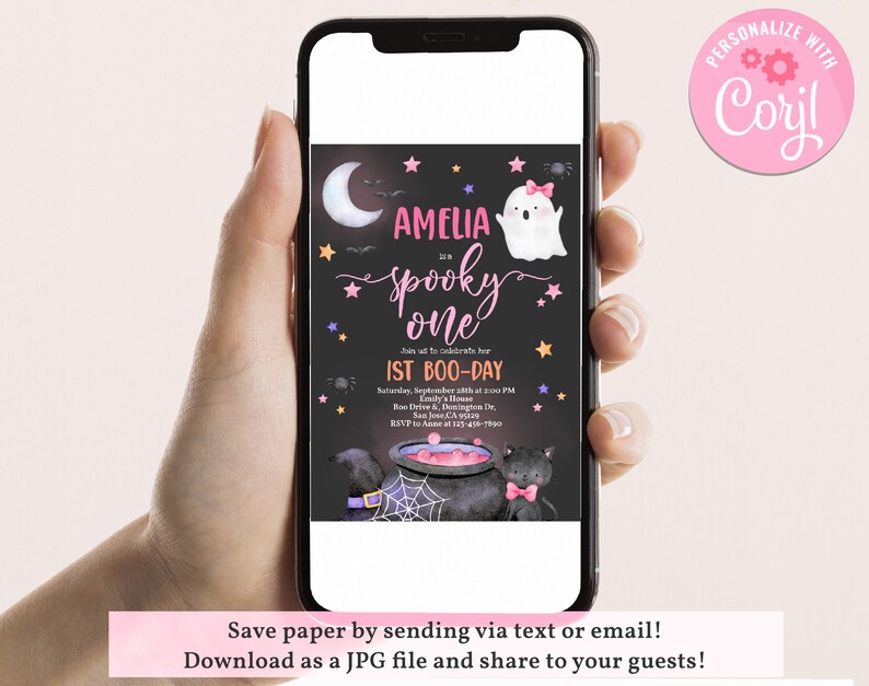 May include: A printable Halloween party invitation for a girl's first birthday. The invitation features a black background with a pink and purple ghost, a cauldron, and stars. The text reads "Amelia is a Spooky One 1st Boo-Day".