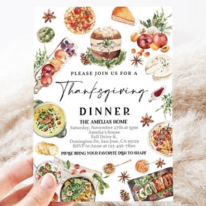 Può includere: Invito per una cena del Ringraziamento con illustrazioni ad acquerello di cibi come torta, formaggio e zuppa. Il testo dell'invito recita "Please join us for a Thanksgiving Dinner" con i dettagli della data, dell'ora e del luogo.