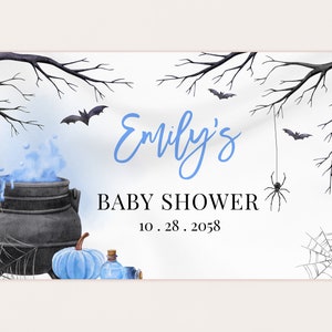 Halloween Baby Shower Backdrop Banner A Baby is Brewing Witch Gender Neutral Party Decor Boy Blue Fall Autumn Photo Booth EDITABLE BS66B